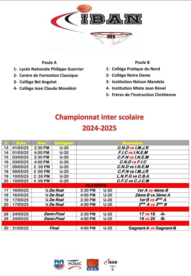 Calendrier du Tournoi